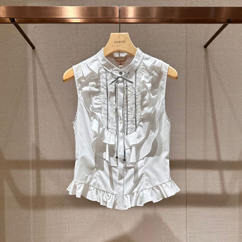 2024 Summer Style Sleeveless Round Neck Single-Breasted Bow Design Ruffled Shirt Q122202D
