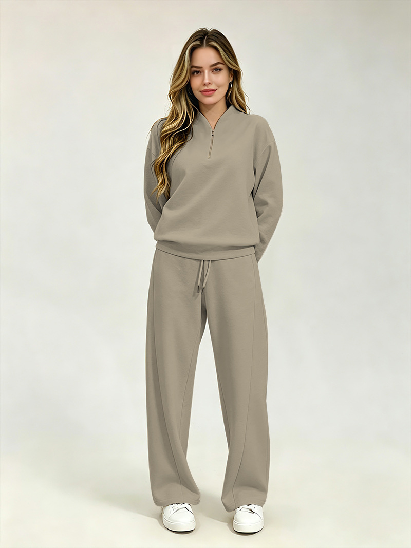 Women's Clothing Women's Fashionable Long Sleeved Sweatshirt Casual Trousers Set Style Autumn Half Open Collar Solid Color Loose Fit_ecoleips.com