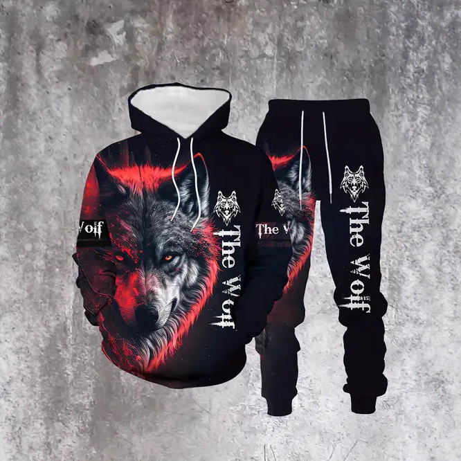 Cross-Border New Spring and Autumn Fashion Animal Wolf Print Hooded Sweatshirt and Sweatpants Casual Street Hoodie Set for Men Cross-Border New Spring and Autumn Fashion Animal Wolf Print Hooded Sweatshirt and Sweatpants Casual Street Hoodie Set for Men