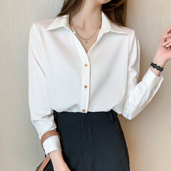 High-end satin women's spring loose long-sleeved temperament vertical sense shirt with metal buttons fashionable slimming chiffon shirt
