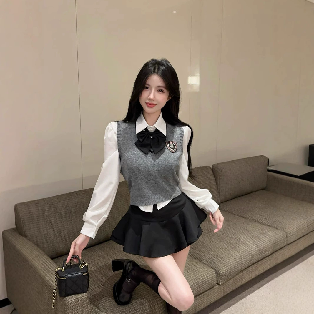 Американский школьный стиль набор женской осенней стройной рубашки с длинными рукавами