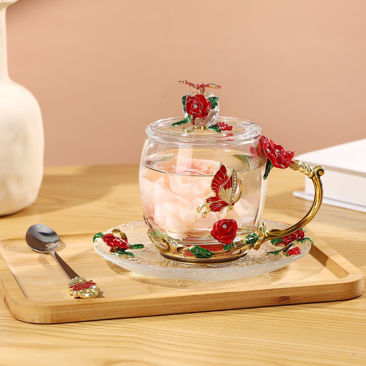 Taza de té con cubierta de flores creativa sala de estar taza de agua de desayuno de lujo taza de leche de esmalte de color taza de café de mujer taza de vidrio casero