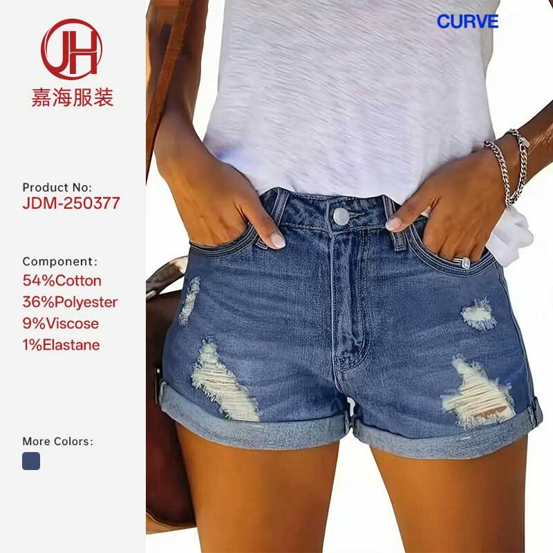 26 Cross-Border New Style Women's Plus Size High-Waisted Stretchy Frayed Blue Rolled Hem Cotton Denim Straight Shorts Hot Pants