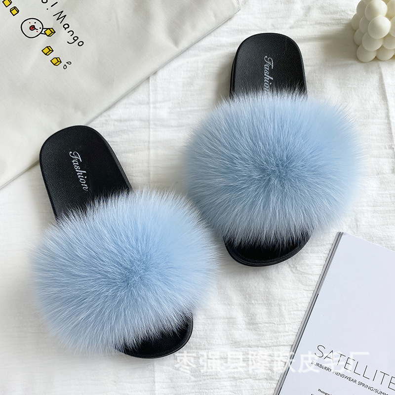 Amazon transfronterizo zapatillas de pelo de zorro real zapatillas de pelo de fondo plano zapatillas de pelo de mujer zapatillas de pelo de verano nuevas exportaciones
