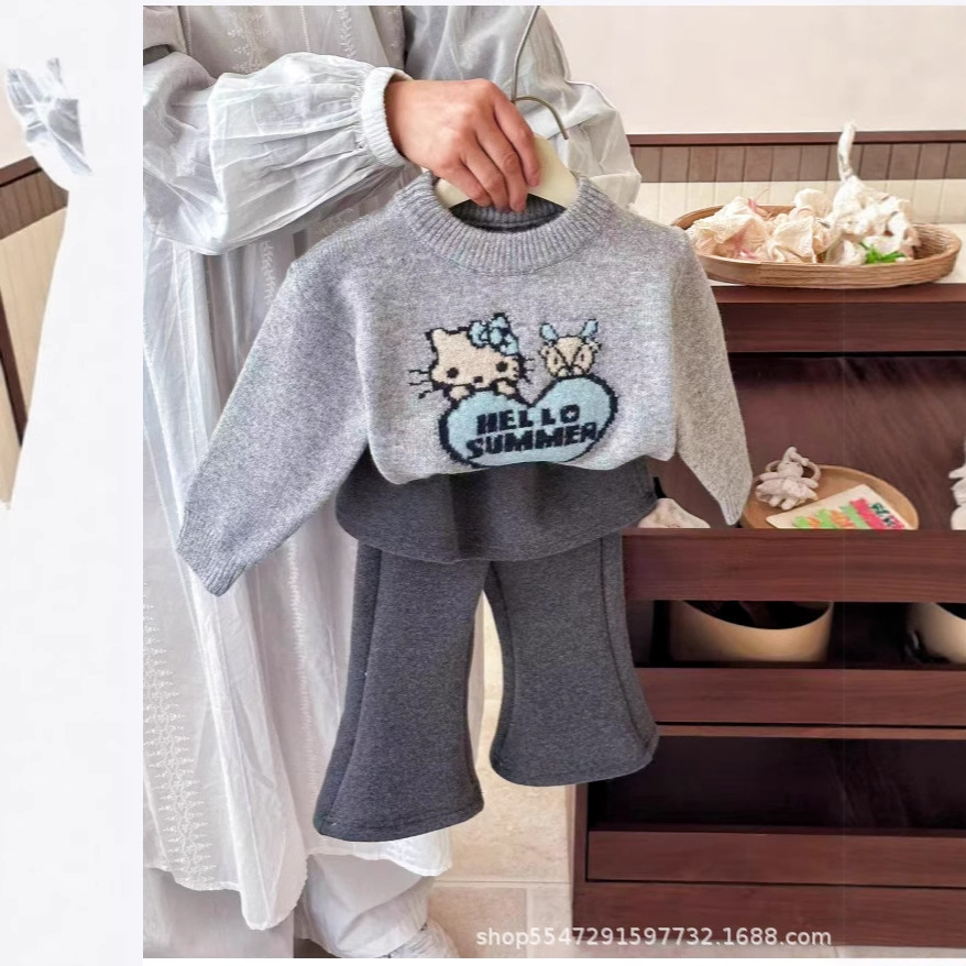 Xinbei Children's Clothing Autumn and Winter Knitted Suit Girls' Light Gray Sweater + Dark Gray Flared Pants Cute Two-Piece Set