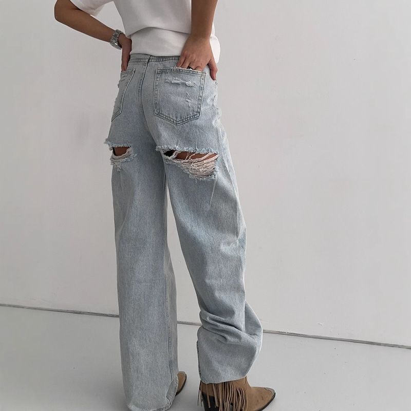 Amazon American Vintage Washed light blue Straight Jeans Women's Lazy Wide Leg Ripped Design Mop Pants Spring