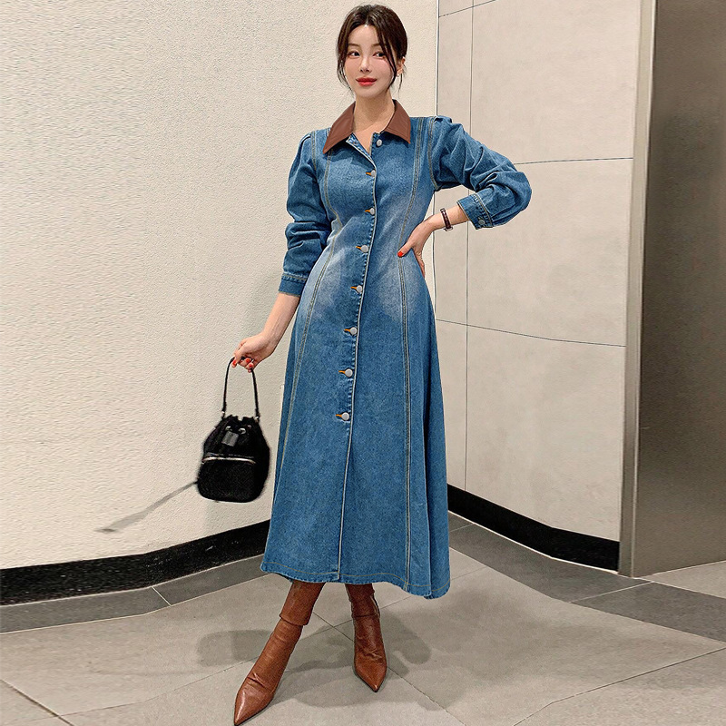 218660跨境女装欧美时尚牛仔拼接皮翻领排扣长袖收腰连衣裙直销|undefined