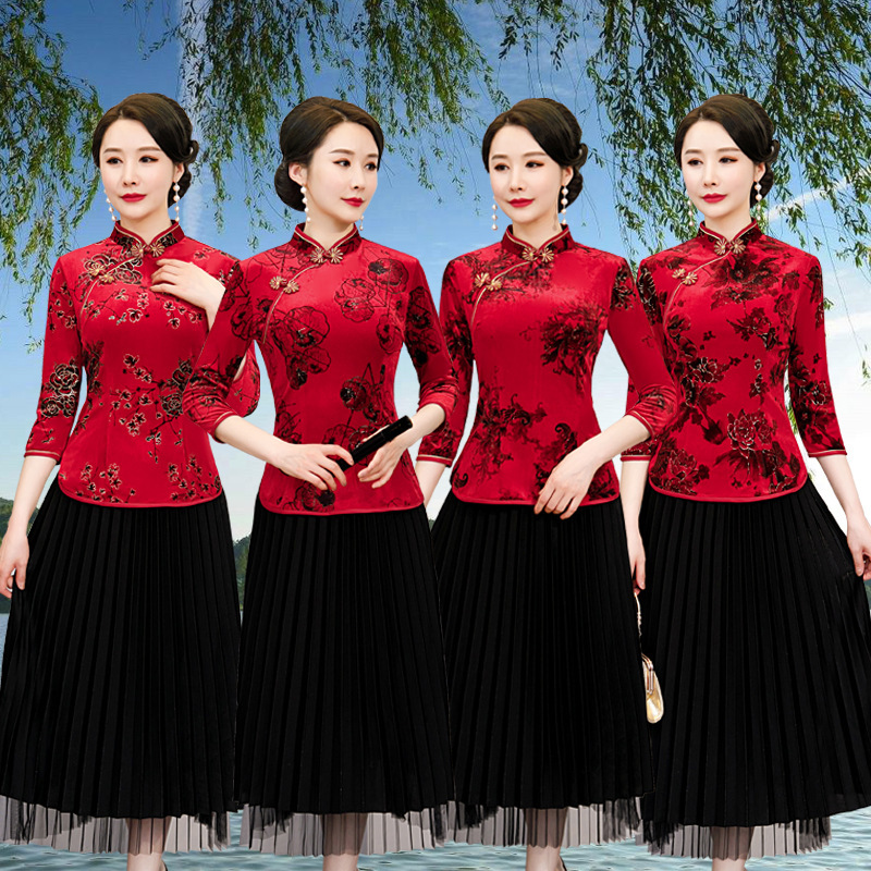 Improved Velvet Cheongsam New Style Dress Suit Cheongsam Tang Suit Dress Two-piece Artistic Daily Cheongsam Tea Suit