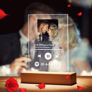 Custom Photo Music Album Cover Night Light Engraved Name Song Photo Frame Wooden Base Acrylic Lamp Gift