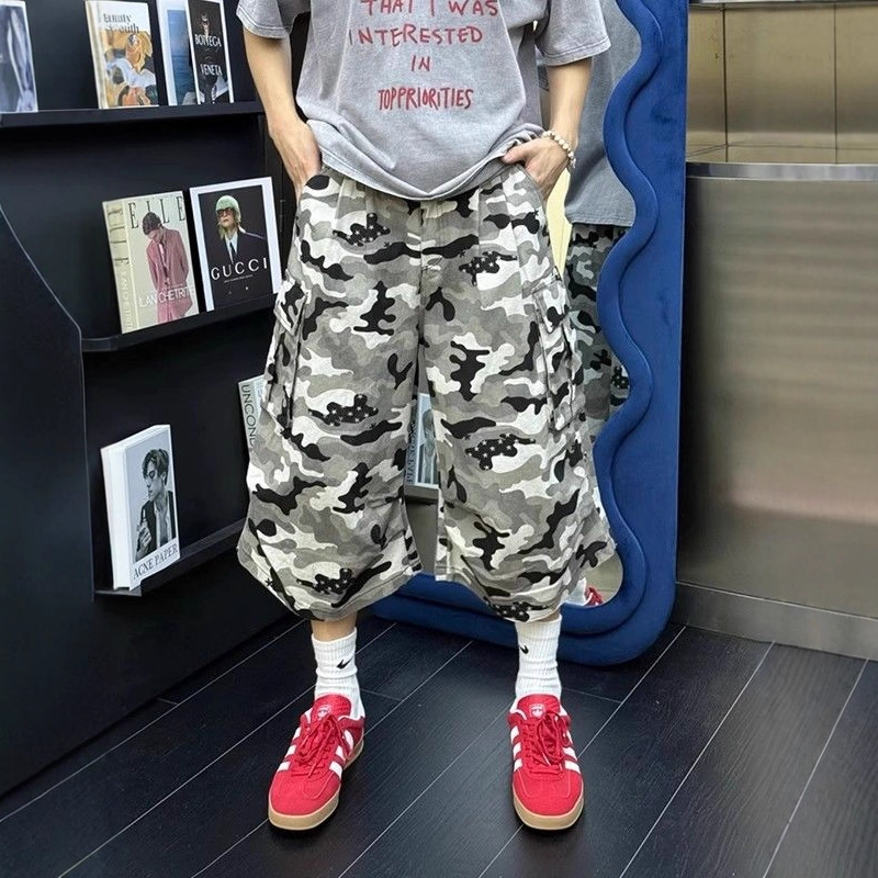 American Camouflage Denim Shorts Men's Summer Thin Logging Work Pants American Casual Sports Wide-Leg Cropped Pants