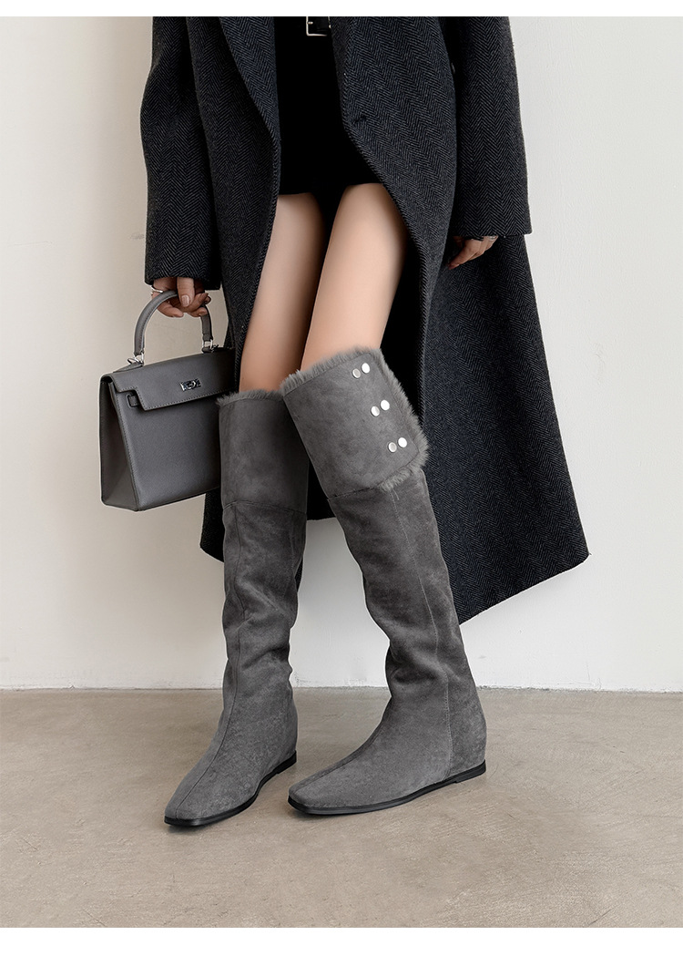 Boot tuyết nữ cổ cao ôm chân, lót lông dày, gót wedge nâng chiều cao, hai kiểu mang — màu xám chi tiết 25