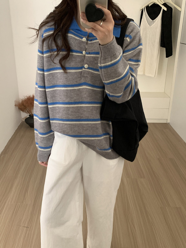 木四 polo领条纹套头毛衣女秋冬新款韩系宽松miumiu针织上衣M6698|undefined