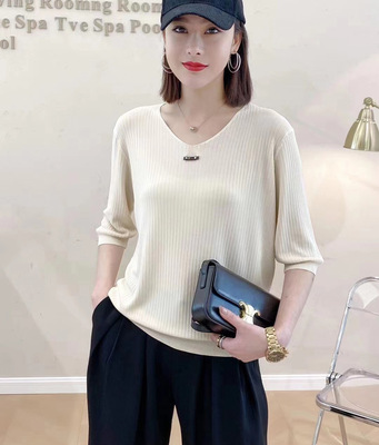 2022春夏胖MM大码女装宽松V领套头针织衫女五分袖冰丝T恤衫妈妈装|ms