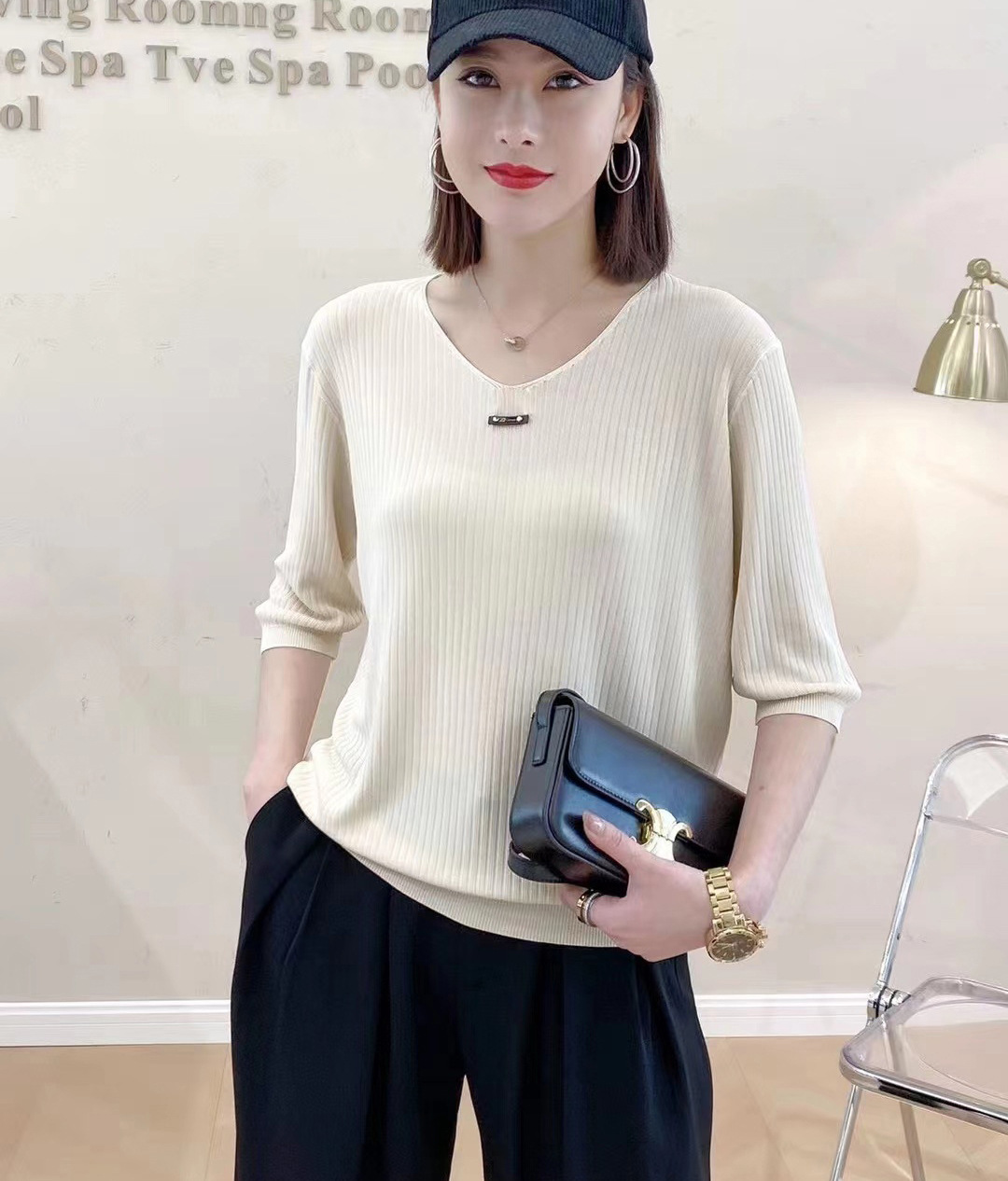 2022春夏胖MM大码女装宽松V领套头针织衫女五分袖冰丝T恤衫妈妈装|ms