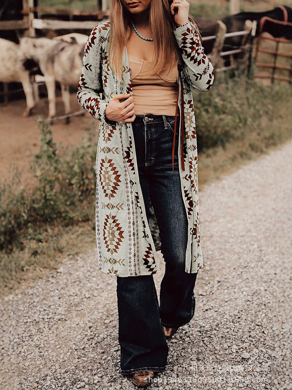 European and American Casual Women's Western Aztec Print Long-Sleeved Hem Slit Knitted Cardigan