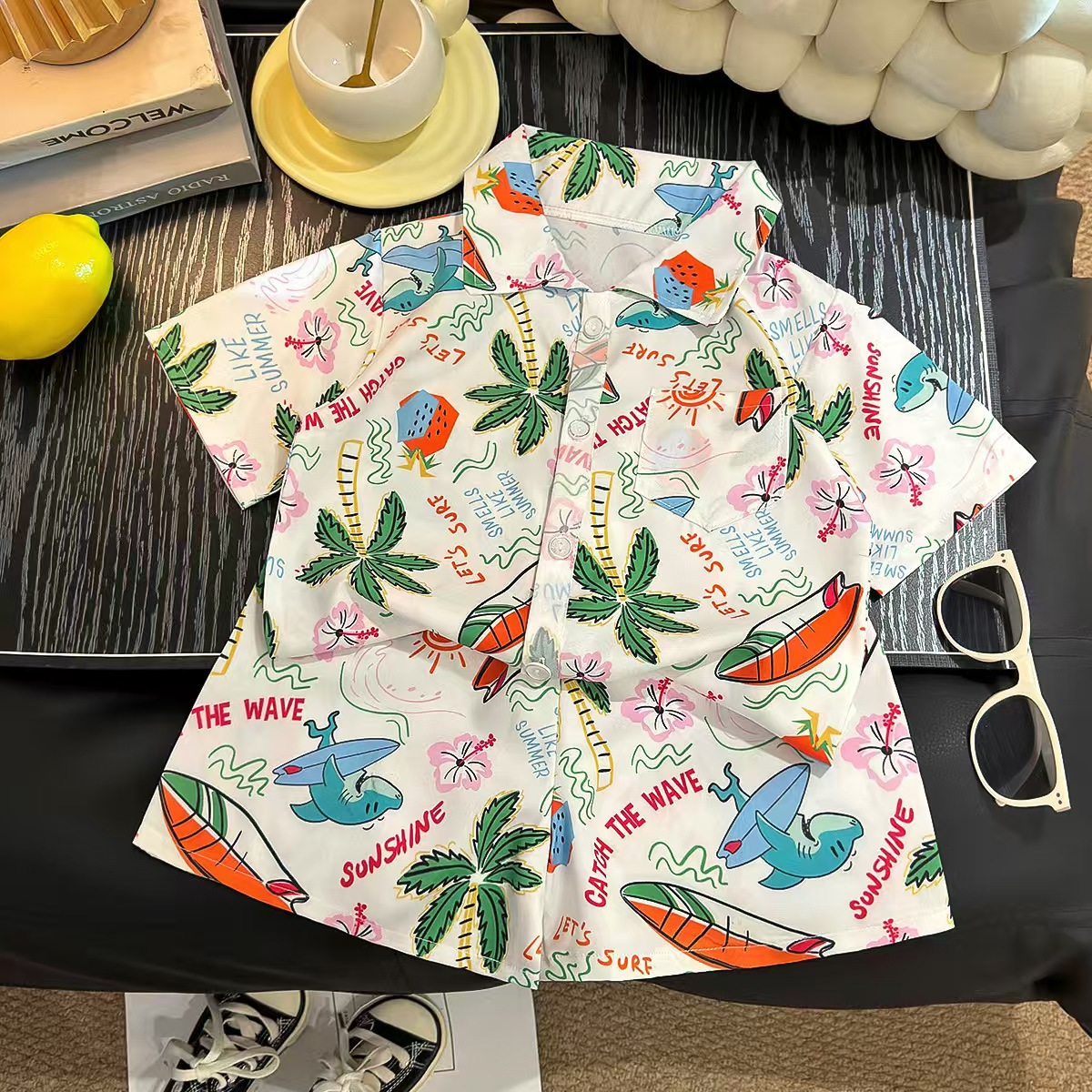 新款男童夏装翻领短袖套装夏威夷男孩儿童沙滩印花衬衫短裤套装