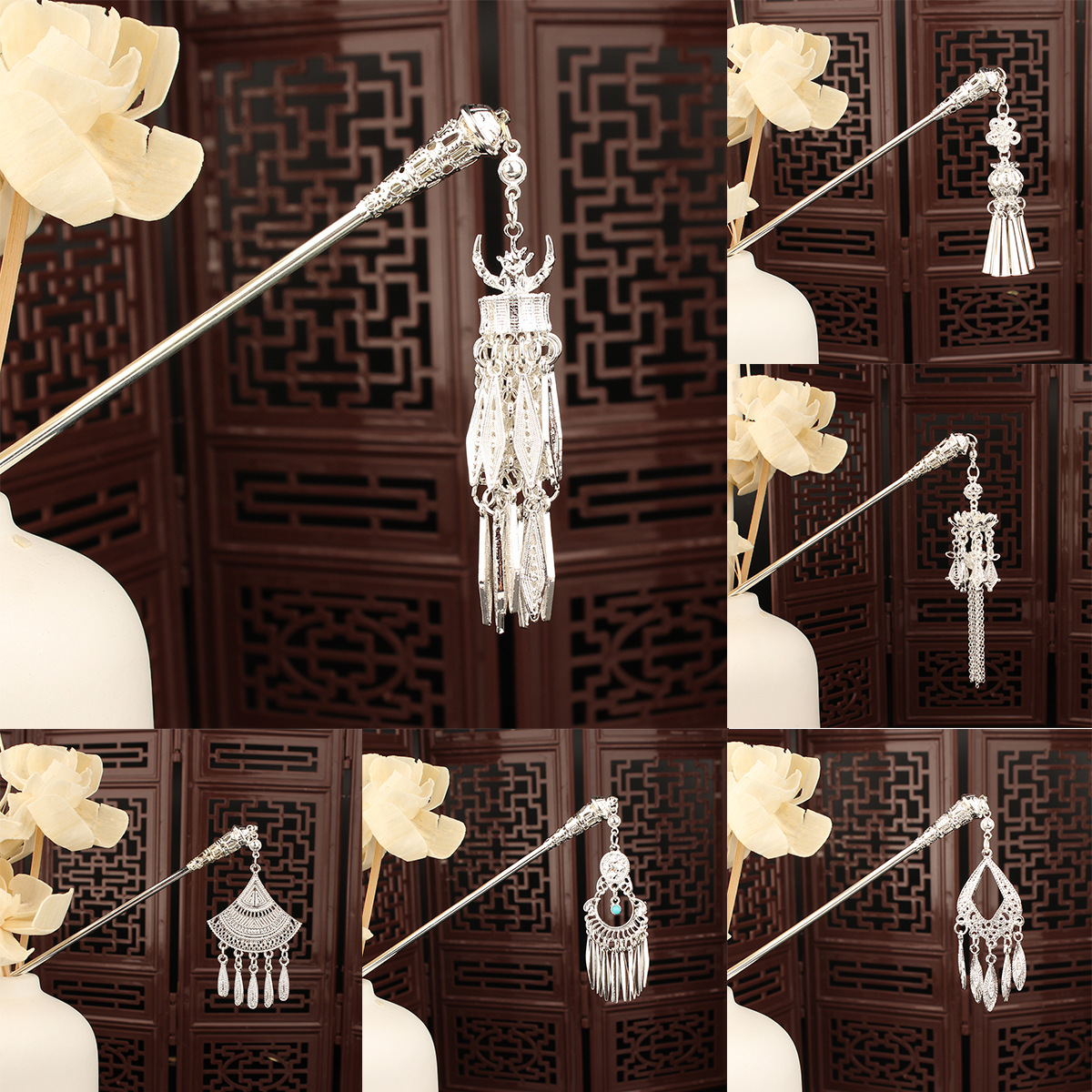 民族风发簪几何镂空流苏发簪 国潮水滴形滴油发钗汉服盘发配饰女