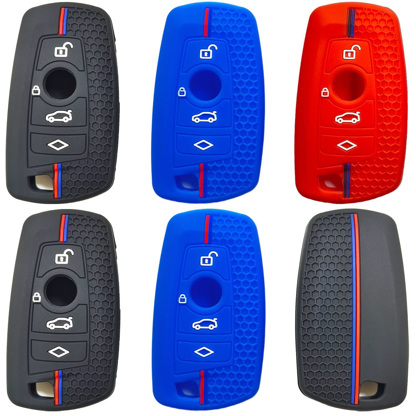 Suitable for Bmw F Series New Bmw 5 Series Bmw 3 Series Remote Control 4-Key Car Silicone Key Cover Two-Color Strip Honeycomb Model