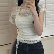 跨境欧美2025新款纯欲辣妹蕾丝短袖T恤女围脖设计透视轻薄露肩上