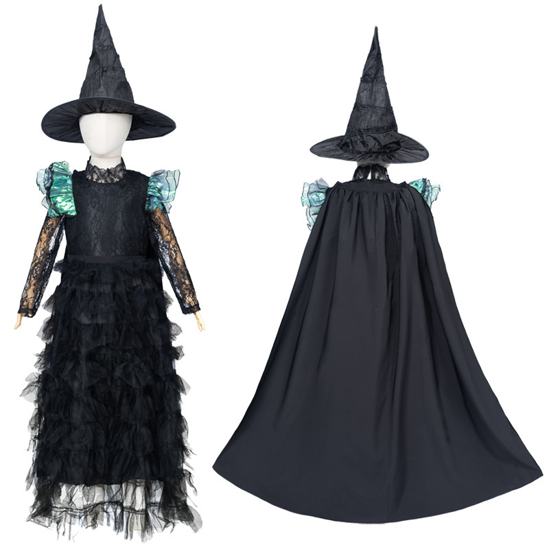 Magic Bad Witch Cosplay Costume Black Wizard Hat Lace Dress Halloween Costume Princess Dress