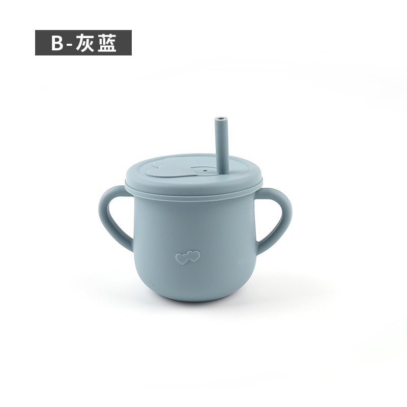 Taza de agua de paja de silicona para niños de grado alimenticio Taza de agua a prueba de caídas Taza de agua de silicona binaural para bebés Taza de silicona para aprender a beber