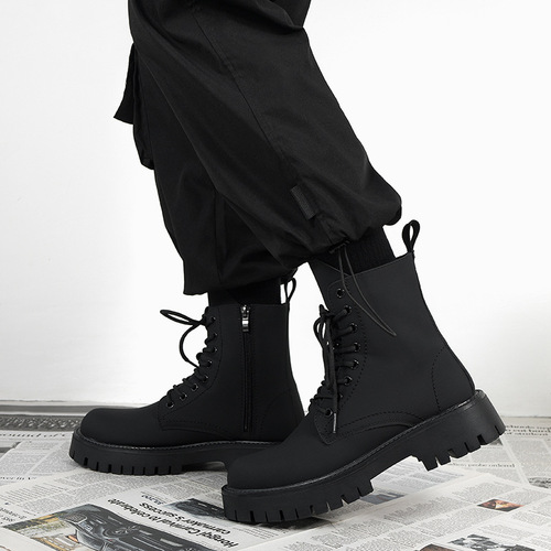 Men's Martin Boots, British-style Black High-top Leather Shoes, New Mid-top Biker Boots, Men's Height-increasing Leather Boots