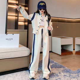 女童套装2024秋季新款中大童韩版高级感棒球服上衣宽松长裤两件套