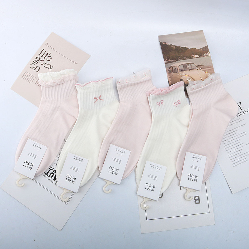 Cotton Socks for Women, Spring and Summer, Thin Mesh, Japanese Style, Cartoon Letters, Short Tube Sports Socks, Integrated Design, College Style