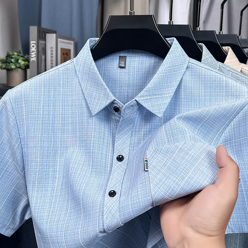 Cross-border Summer New Cotton and Linen Lapel Short-sleeved Shirt Men's Thin Simple Middle-aged All-match Plaid Shirt for Hair Cross-border Summer New Cotton and Linen Lapel Short-sleeved Shirt Men's Thin Simple Middle-aged All-match Plaid Shirt for Hair