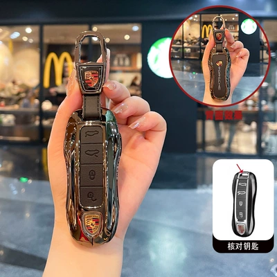 Car key bag: Suitable for Porsche - model-a-4-button-gun-color-black-leather-double-pointed-leather-buckle