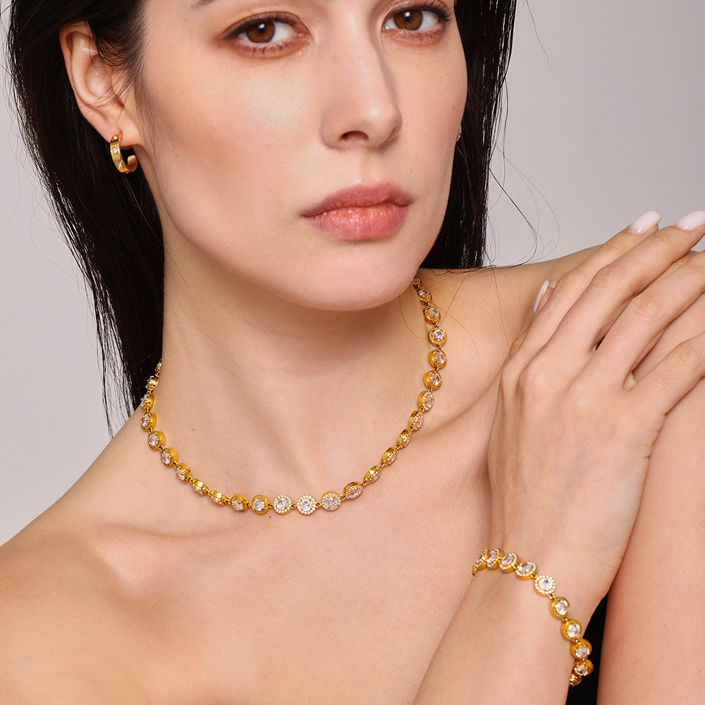 Chain de zircón blanco super brillante con estrellas redondas hechas a mano acero inoxidable chapado en oro real 18K joyas de lujo