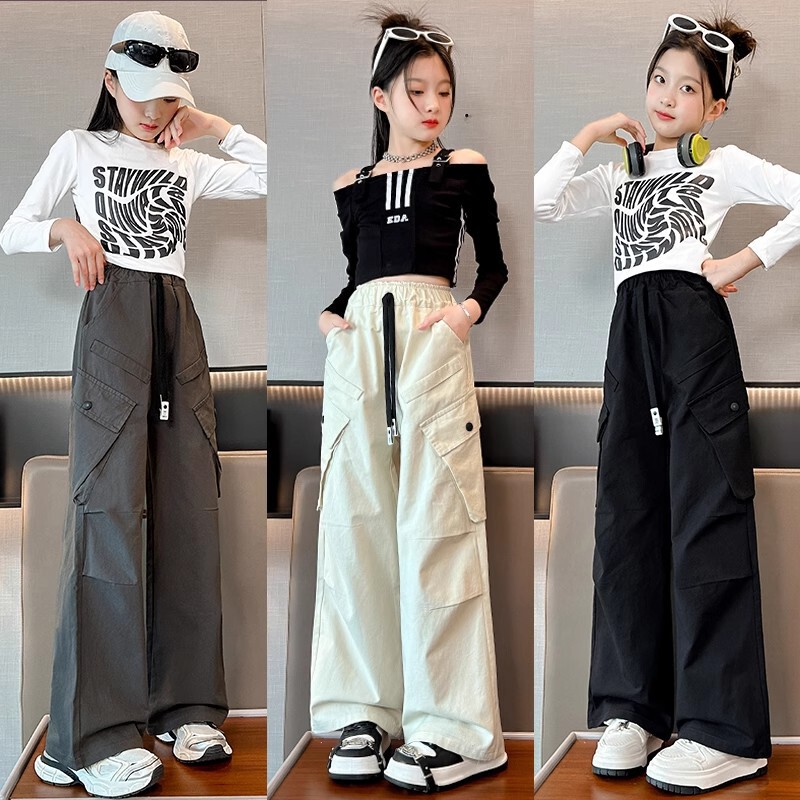 Girls' Cargo Pants Spring and Autumn 2026 New Stylish Trendy Loose Wide-Leg Pants for Older Girls Children's Spring Pants
