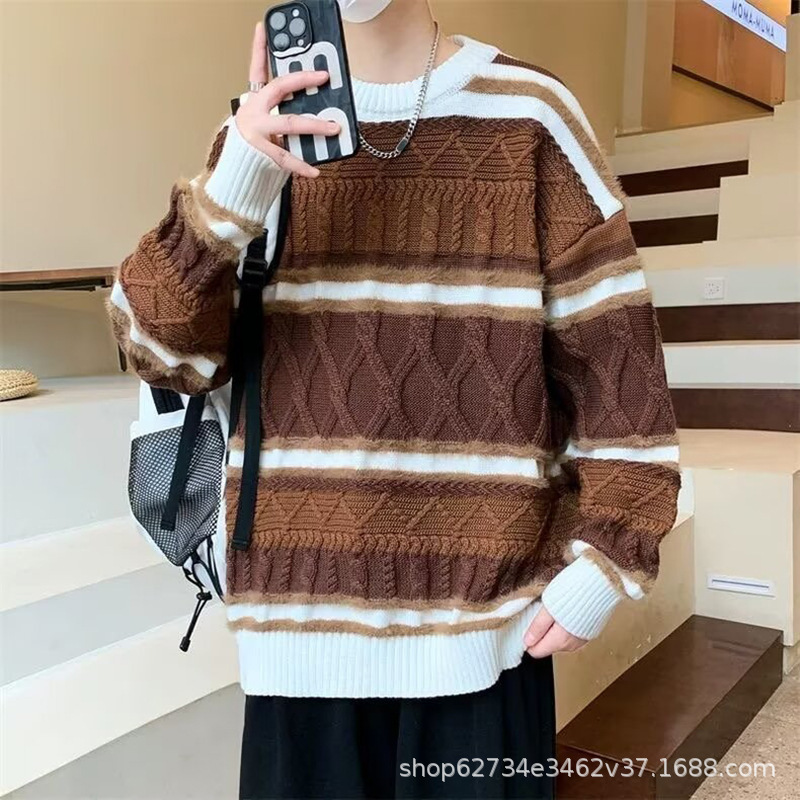 国潮美式圆领毛衣男奶茶款2024秋冬季慵懒风宽松针织衫上衣女保暖|undefined