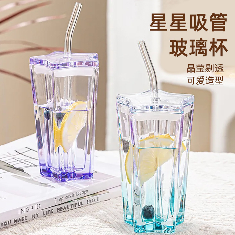 Taza de vidrio de estrella de cinco puntas de alto valor Taza de vidrio de paja de color Taza de bebida fría de gradiente de ins Taza de café con tapa para beber