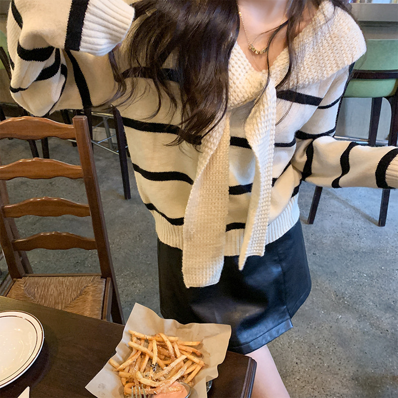 Korean Style Striped Knit Sweater for Women, Pullover, New Autumn and Winter Style, Color-Blocking, Lazy Style, Scarf Collar, Loose Fit Jacket