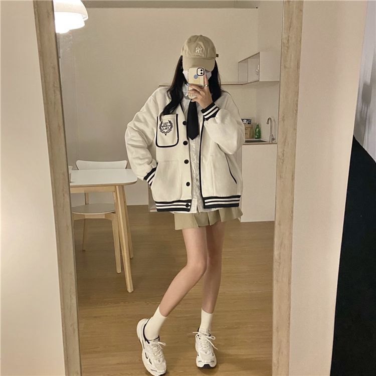 大码女装复古棒球服外套学院风秋款休闲开衫外套V领小众运动卫衣|undefined