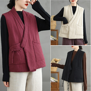 Real shot 2024 winter new Chinese retro lace-up waistcoat padded cotton vest coat women #9567