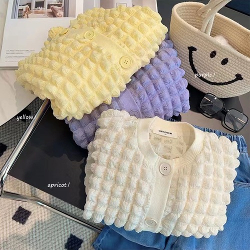 Women's Spring and Autumn  New Bubble Pattern Casual Cardigan for Kids Children Stylish Round Neck Long Sleeve Outerwear