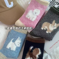 秋冬日系植绒小狗羊 毛袜子女保暖中筒袜可爱简约拼色堆堆袜卡通