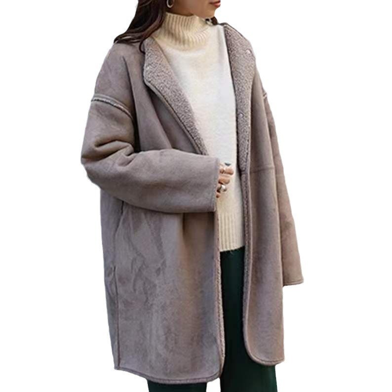 Women's Clothing simple style, grain velvet, fur, wool, spring and autumn coat, solid color, buttoned round collar, women's outerwear_voghion.com