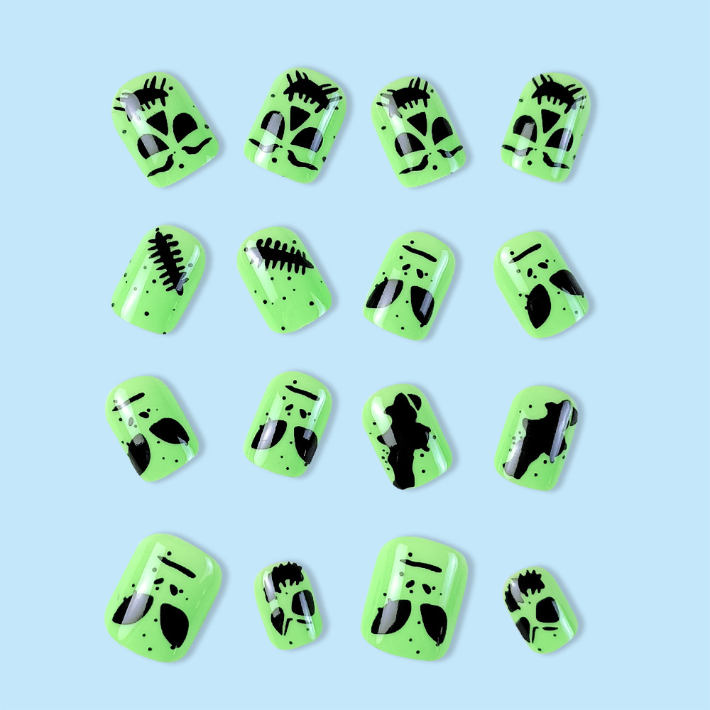 Uñas postizas fototerapéuticas de Halloween, parches de uñas de murciélago alienígena verde que brillan en la oscuridad, uñas postizas más vendidas