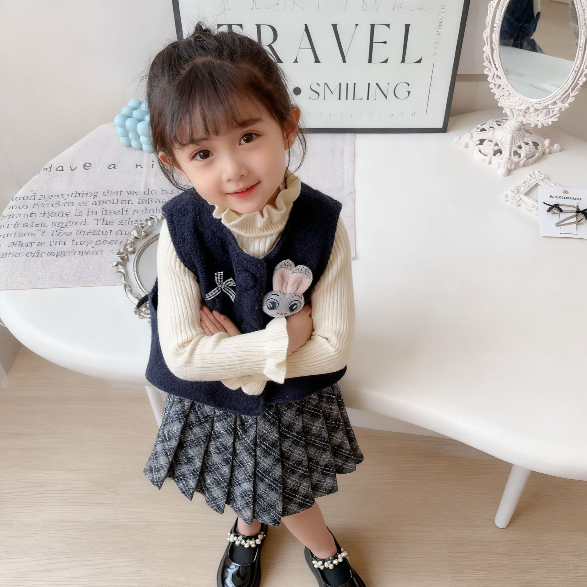 现货代发女童背心套装冬季新款女宝宝洋气毛毛马甲百褶裙两件套