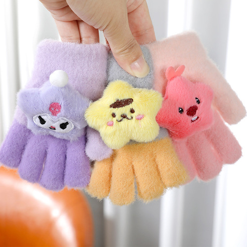 Children's Five-Finger Mittens Winter for Both Boys and Girls, Separated Finger Warm Mittens for Older Children, Cartoon Plush Thick Anti-Frost Mittens