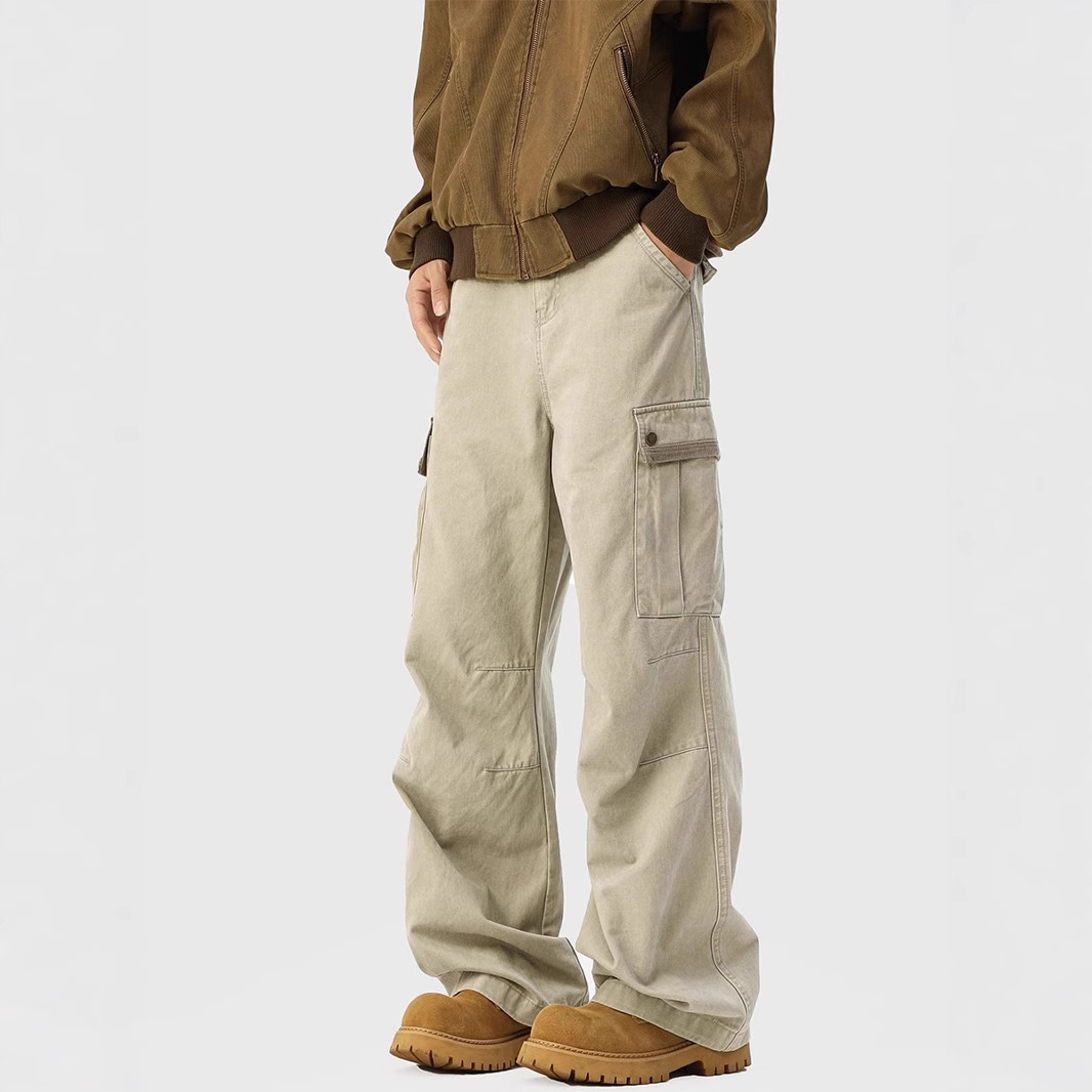 2025 khaki Multi-Pocket Tooling Jeans Men's Autumn American Style Retro Loose Casual Straight Leg Wide Leg Pants