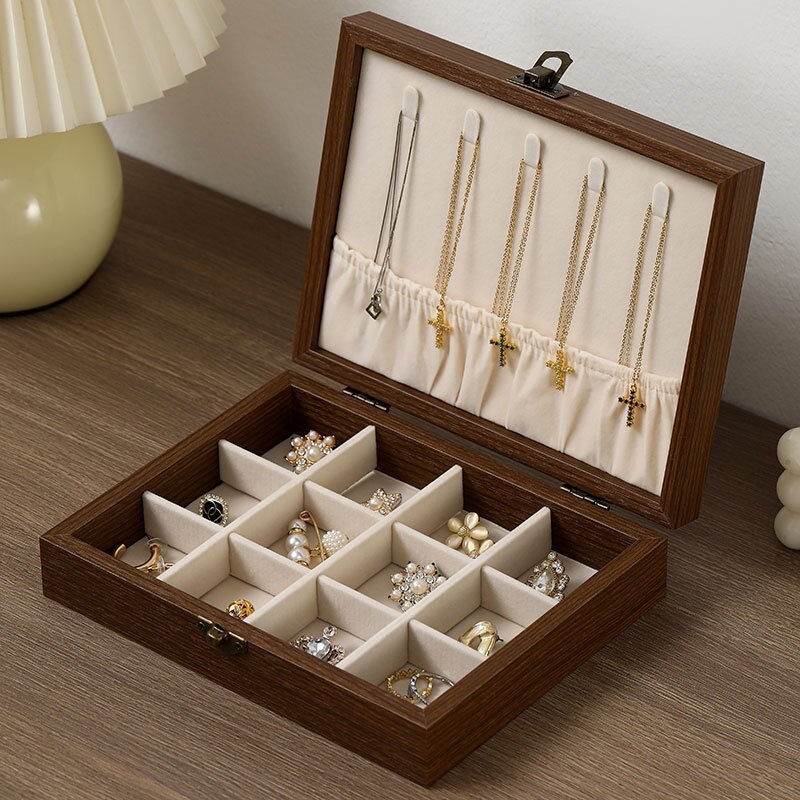Caja de joyería de nuez caja de almacenamiento pendientes anillo collar brazalete joyería multifuncional polvo al por mayor