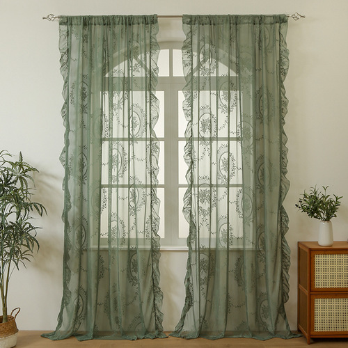 French Country lace curtain for living room, bedroom, balcony, bay window, semi-lightproof window curtain with gauze and valance, lotus leaf edge