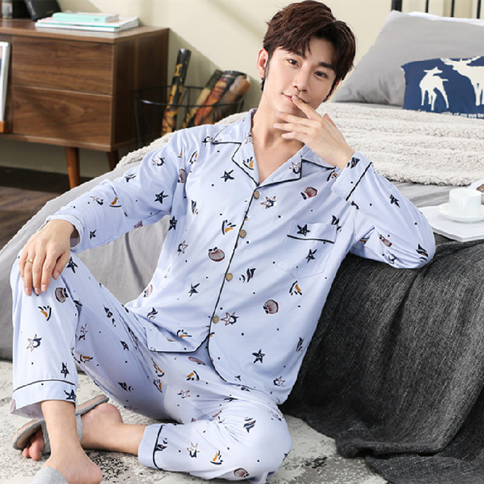 Transmisión en vivo de nuevos pijamas de hombre primavera y otoño de tamaño grande casero ocio relajado dos piezas de ropa de casa para hombres micro comercio