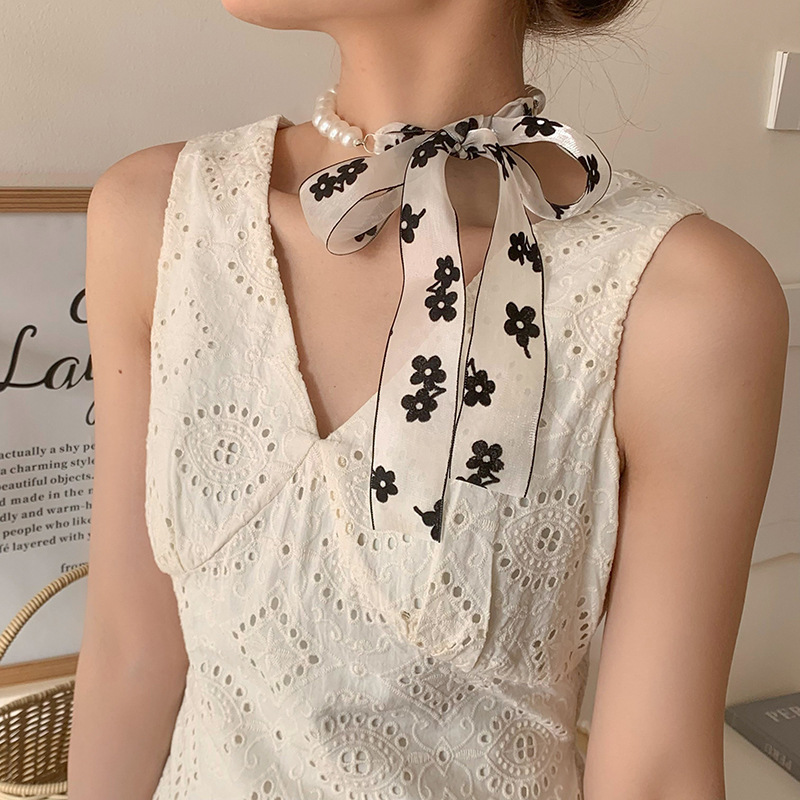 Nueva cinta de lunares, bufanda de seda de perlas, niña, primavera y verano, hada de todo fósforo, cinta pequeña, bufanda de viento, collar