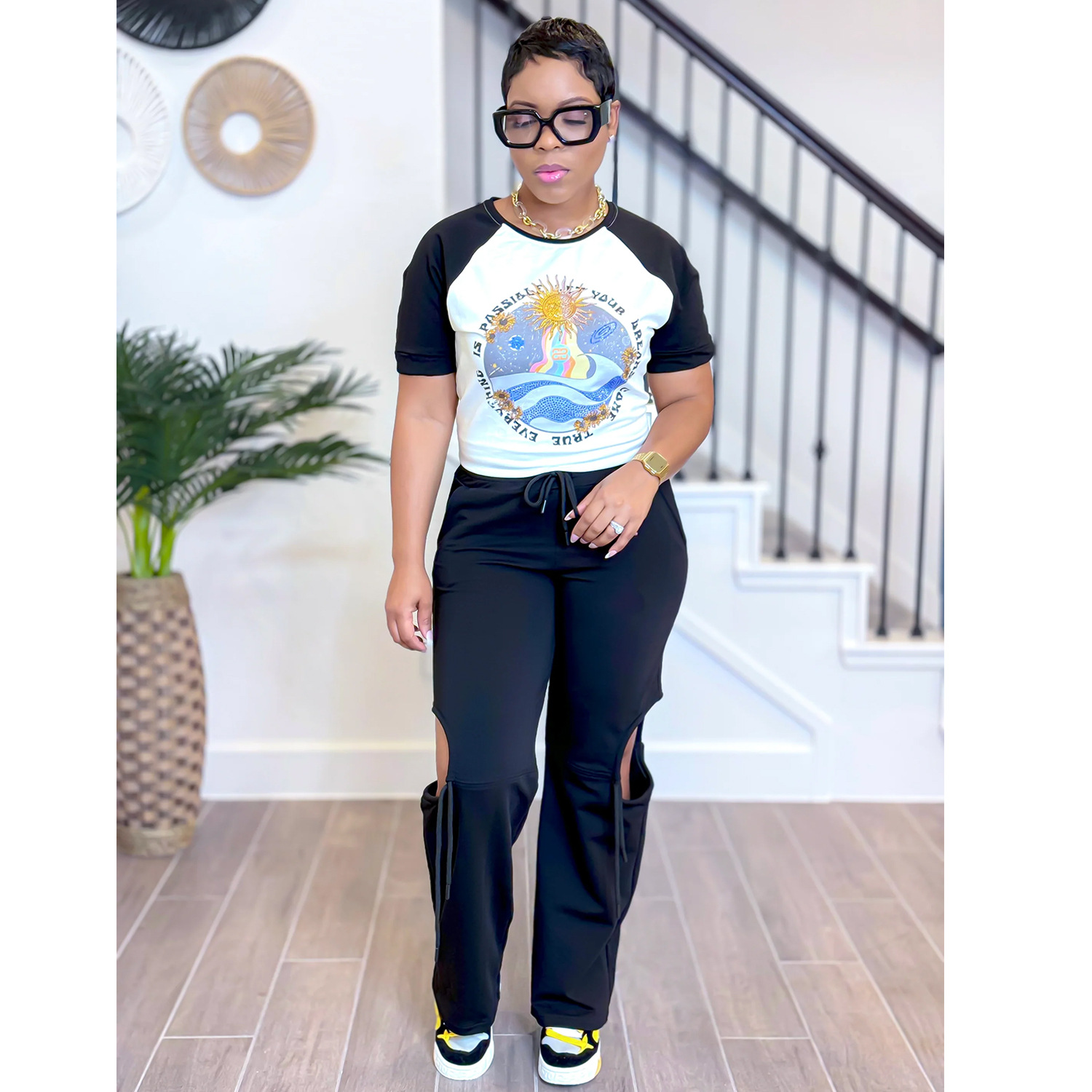 C6998 Aliexpress transfronterizo Amazon estación independiente de moda europea y americana impresión multicolor de ropa de mujer manga corta pantalón largo conjunto