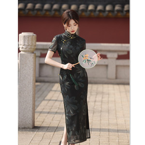 Floral chinese dress orientl qipao model show evening cheongsam for women girls New Chinese Mesh Printing Long Short sleeved Qipao Daily Qipao Skirt